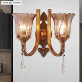Vintage Cognac Glass Flower Wall Light With Brass Sconce Crystal Drop - 1/2 Heads