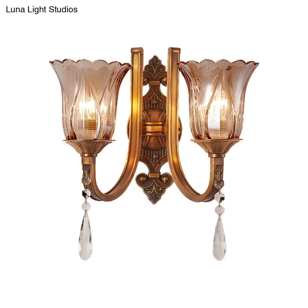 Vintage Cognac Glass Flower Wall Light With Brass Sconce Crystal Drop - 1/2 Heads