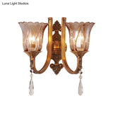 Vintage Cognac Glass Flower Wall Light With Brass Sconce Crystal Drop - 1/2 Heads