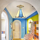 Vintage Conic Stained Glass Ceiling Light In Blue/Beige For Hallway Blue