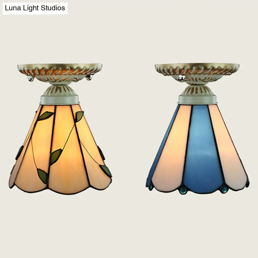 Vintage Conic Stained Glass Ceiling Light In Blue/Beige For Hallway
