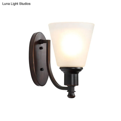 Vintage Conical Milk Glass Wall Sconce Light Fixture In Black For Living Room