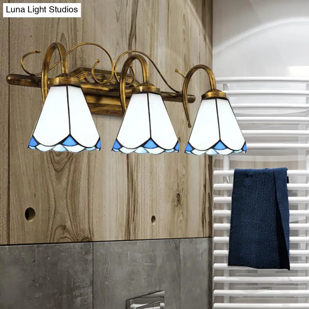 Vintage Conical Stained Glass Wall Sconce Light With 3 Lights In White - Bathroom Lighting