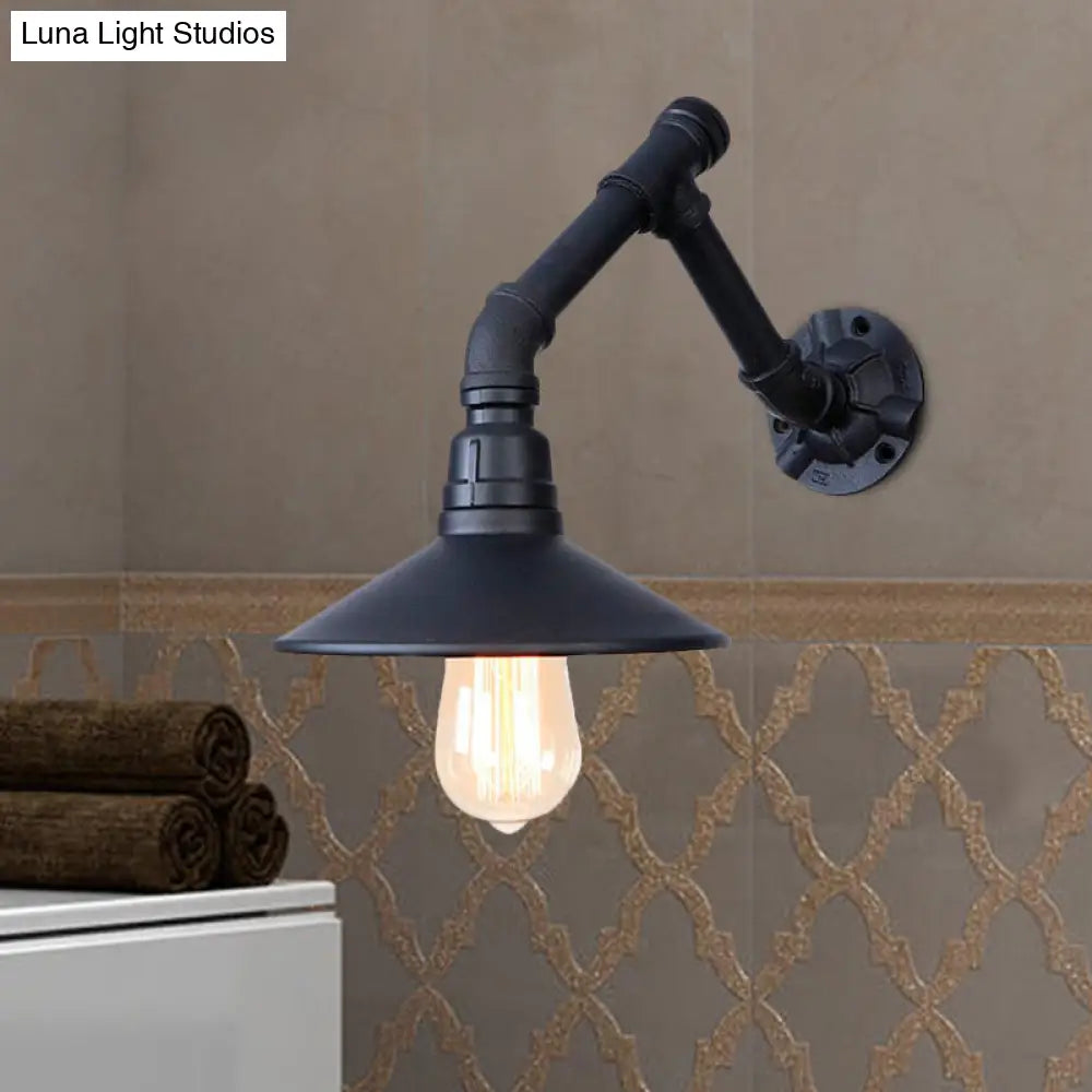 Vintage Conical Wall Sconce Light With Unique Pipe Design - Black Metal Ideal For Bedroom