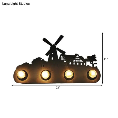 Vintage Conveyor Belt Sconce Light Black Metal 4-Light Wall Lamp With Windmill Detail For Bedroom