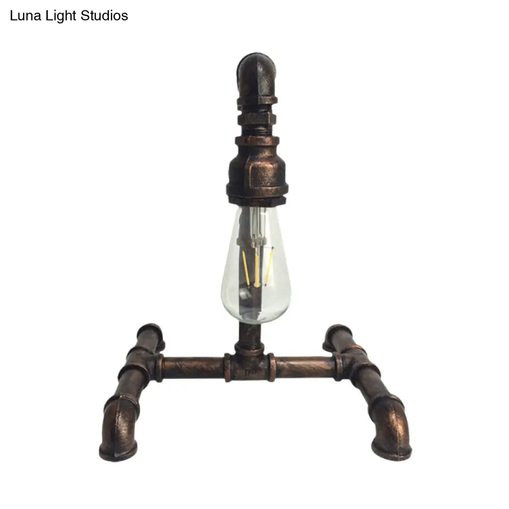 Vintage Copper/Black Desk Lamp: Small 1-Light Iron Exposed Bulb Night Table Light With Pipe-Like