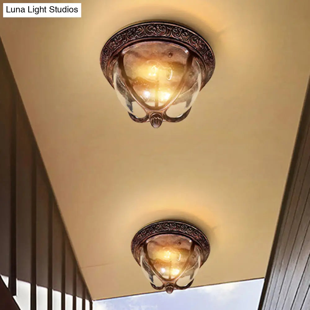 Vintage Copper Outdoor Flush Lighting With Seeded Glass And 2 Bulbs For Balcony