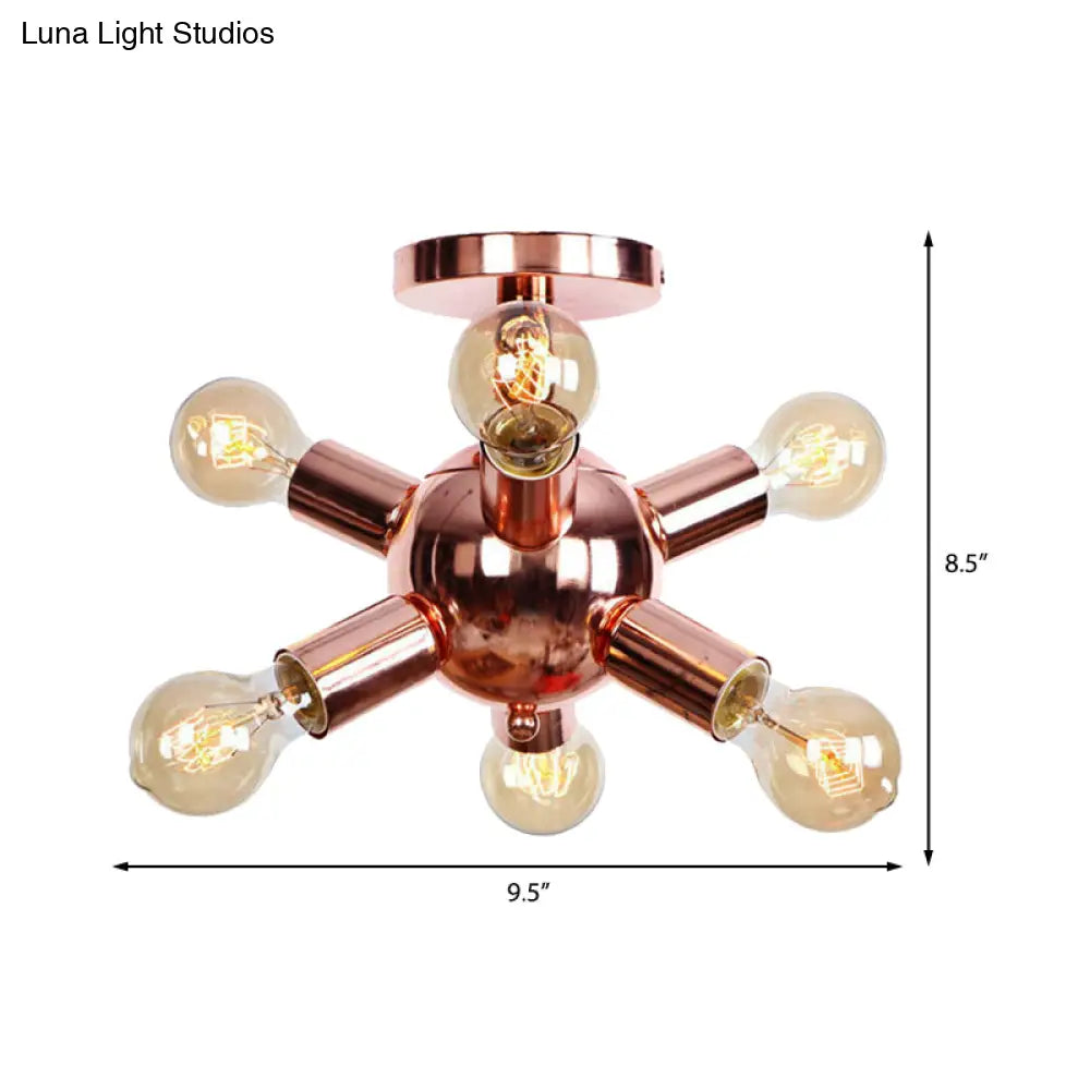 Vintage Copper Starburst Ceiling Light With Bare Bulb - Ideal For Restaurants (6/9 Heads)