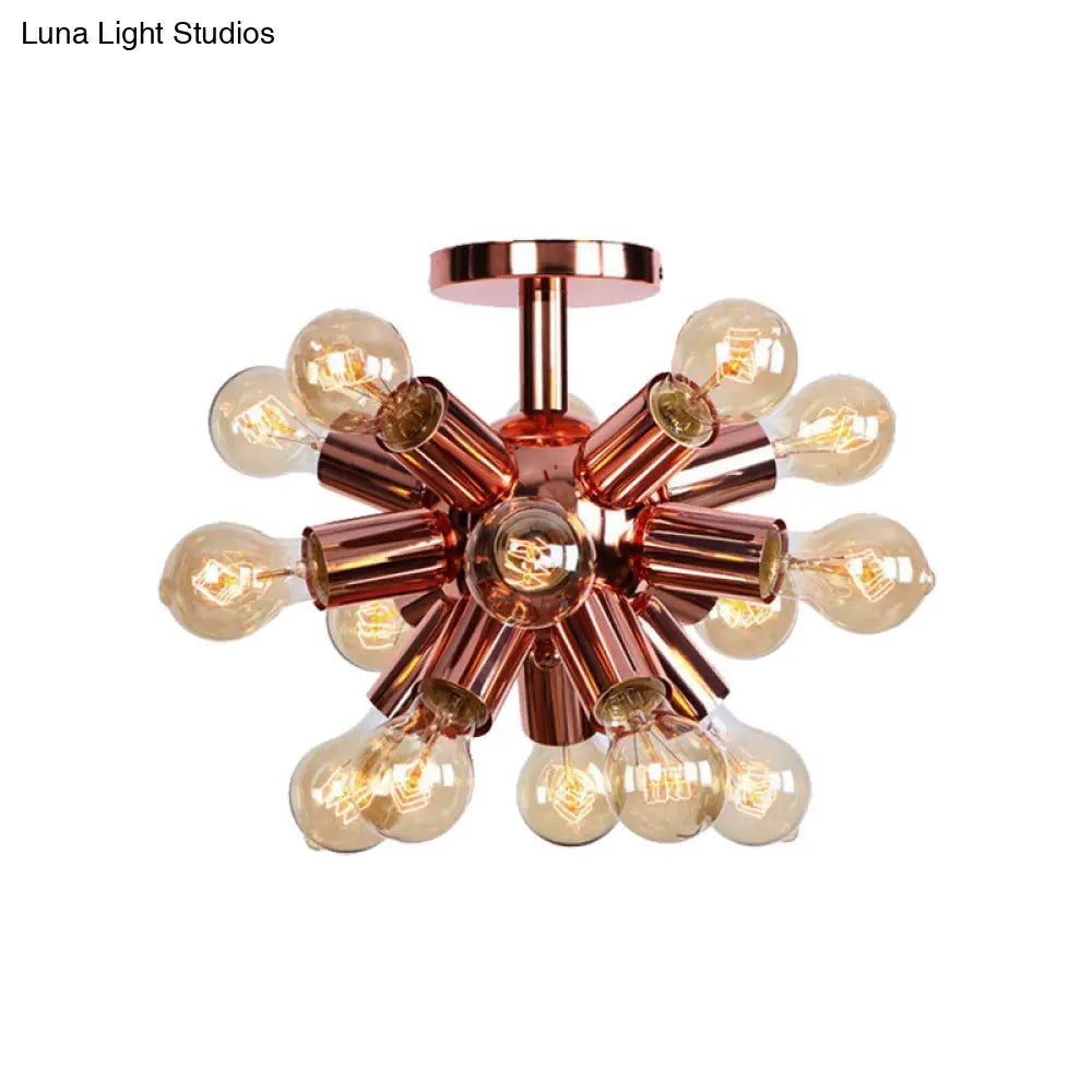 Vintage Copper Starburst Ceiling Light With Bare Bulb - Ideal For Restaurants (6/9 Heads)