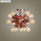 Vintage Copper Starburst Ceiling Light With Bare Bulb - Ideal For Restaurants (6/9 Heads)