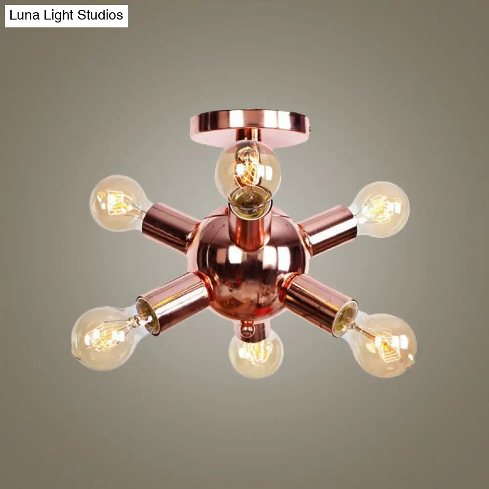 Vintage Copper Starburst Ceiling Light With Bare Bulb - Ideal For Restaurants (6/9 Heads)