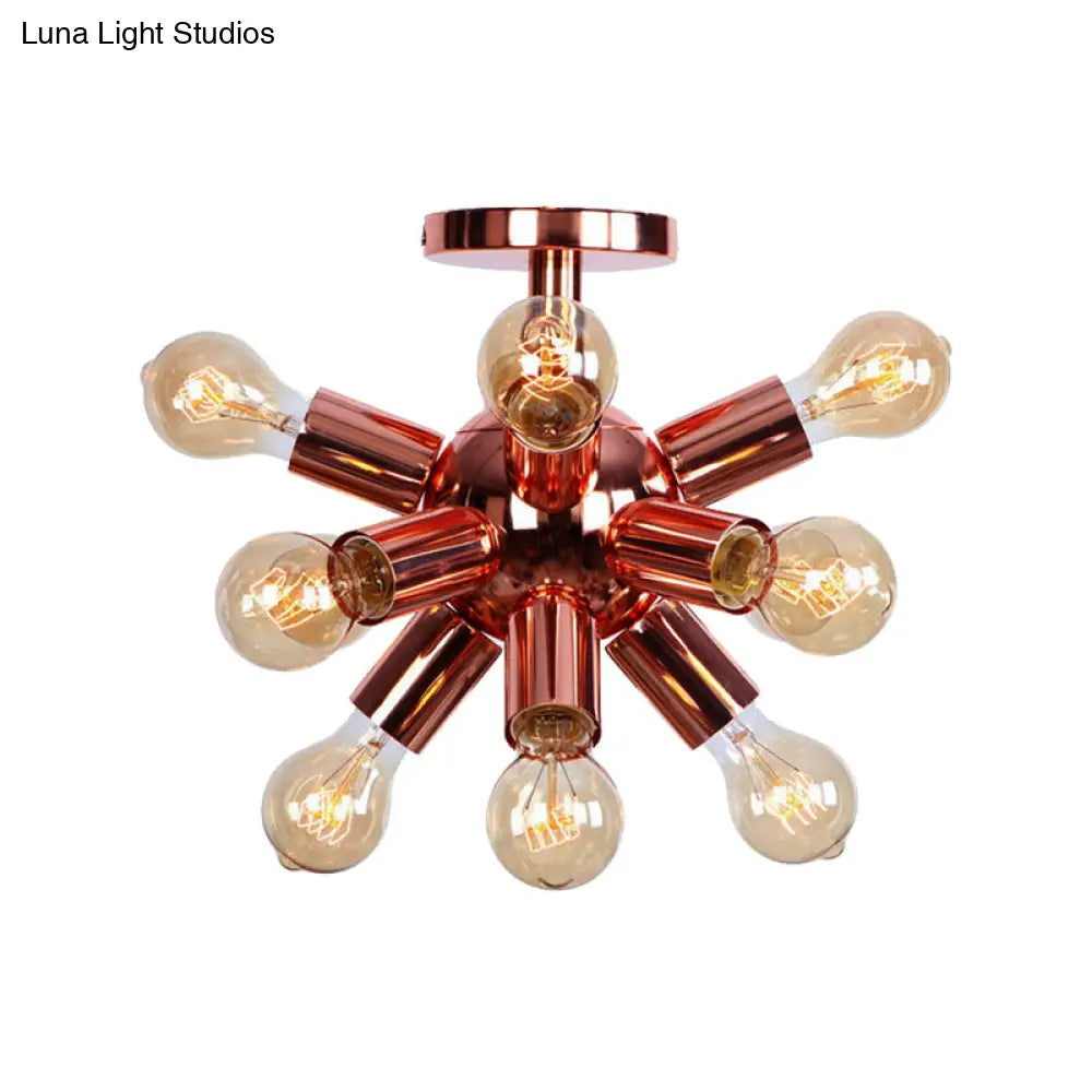 Vintage Copper Starburst Ceiling Light With Bare Bulb - Ideal For Restaurants (6/9 Heads)