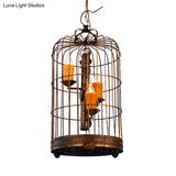 Vintage Countryside Chandelier Lamp With Amber Drop Pendant And Resin Bird Cage