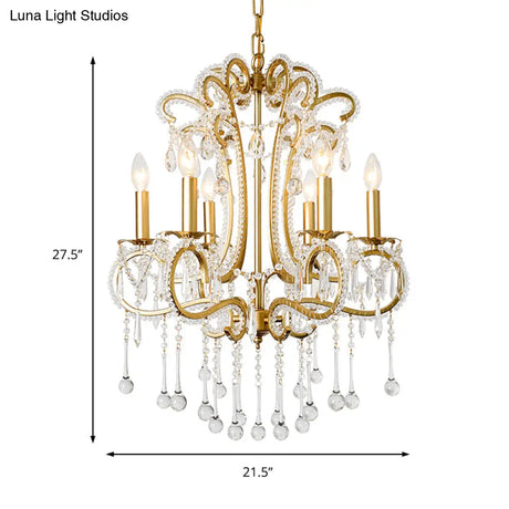 Vintage Crystal and Metal 6-Light Pendant for Bedroom with Gold Finish Gold