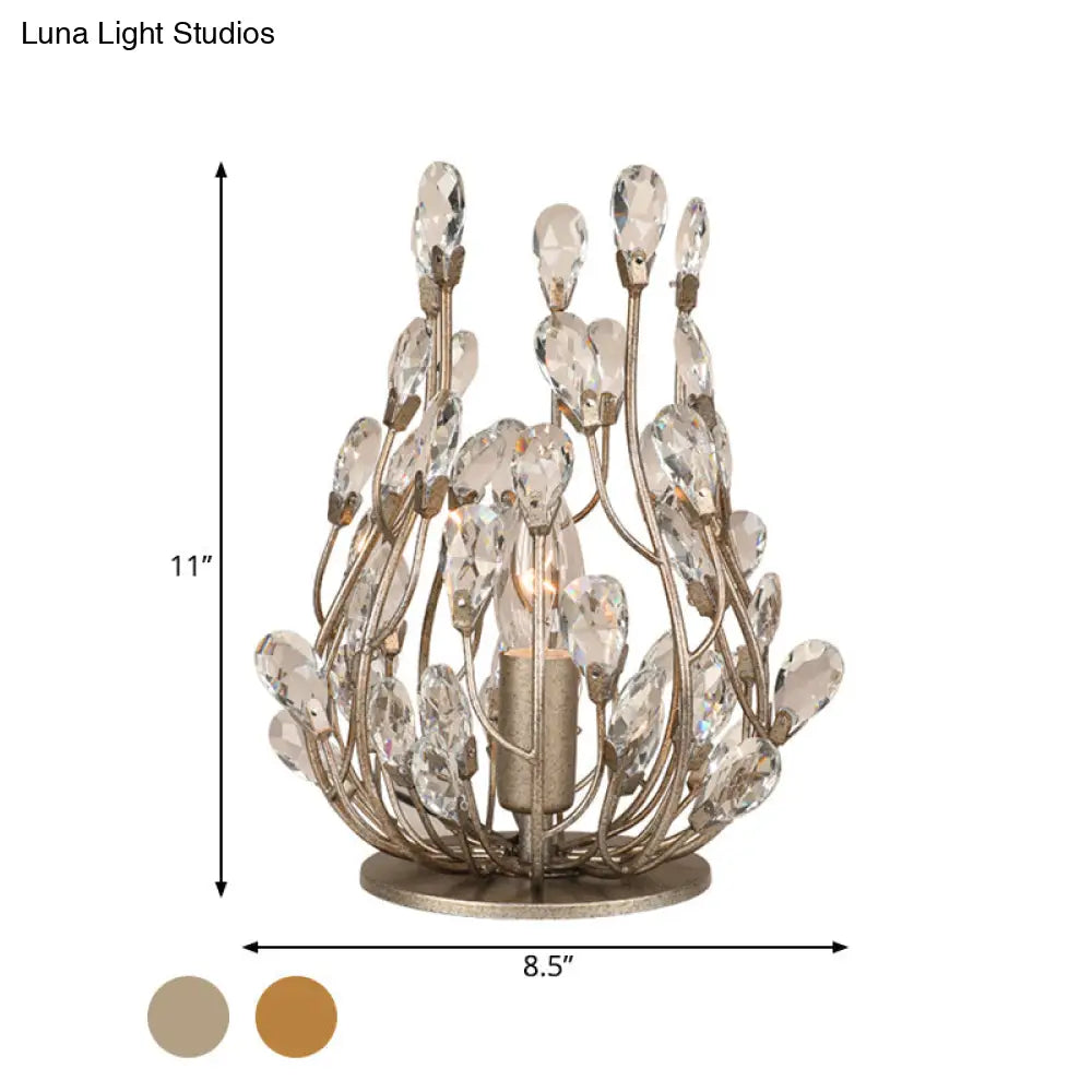 Vintage Crystal Flower Vine Table Lamp With Faceted Gold/Silver Finish - Elegant Hotel Nightstand
