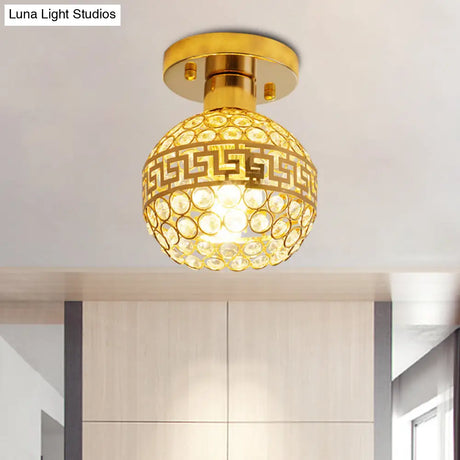 Vintage Crystal Gold Dome Ceiling Lamp With Oriental Trim And Inlaid Crystals - 1 Head Semi Mount
