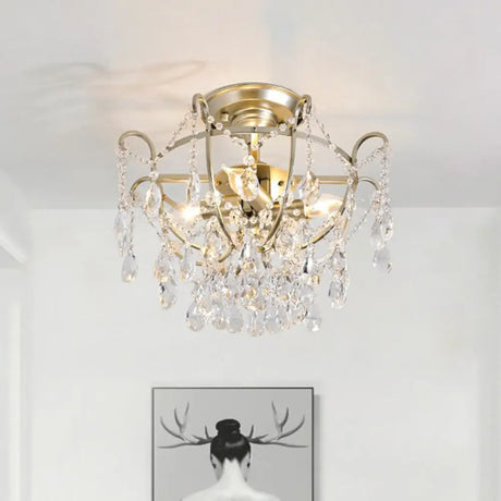 Vintage Crystal Strand Gold Bowl Cage Ceiling Light With Semi Flush Mount - 4-Light Lounge Fixture