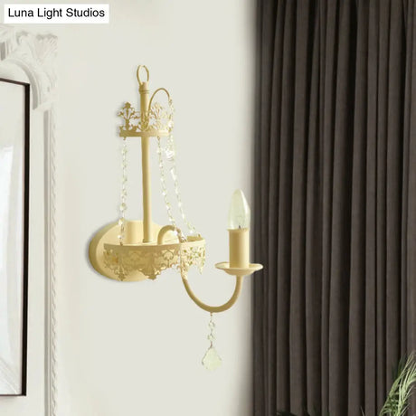 Vintage Crystal Strand White Wall Mount Sconce Light With Curved Arm And Shade/Shadeless