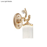 Vintage Crystal Wall Light With Gold Curved Arm & 1/2 Bulbs For Clear Pipe Lighting