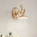 Vintage Crystal Wall Light With Gold Curved Arm & 1/2 Bulbs For Clear Pipe Lighting 1 /