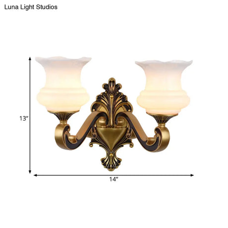 Vintage Curved Arm Brass Wall Lamp With Flower Milk Glass Shade