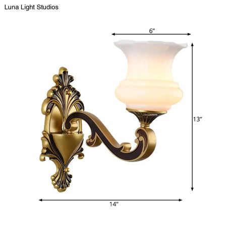 Vintage Curved Arm Brass Wall Lamp With Flower Milk Glass Shade