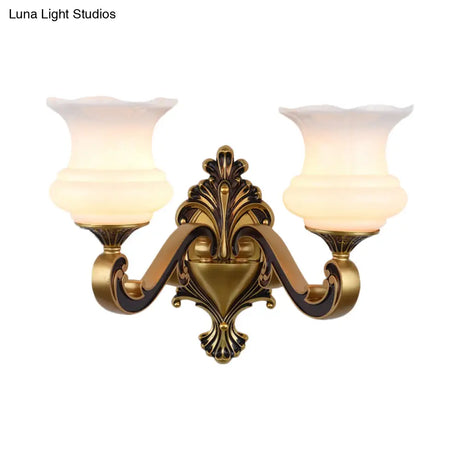 Vintage Curved Arm Brass Wall Lamp With Flower Milk Glass Shade