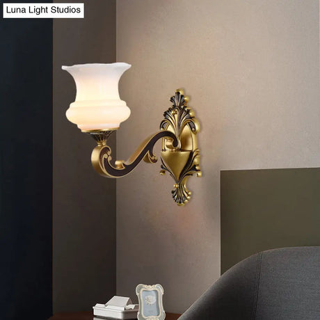 Vintage Curved Arm Brass Wall Lamp With Flower Milk Glass Shade