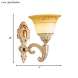 Vintage Curved Arm Metal Wall Lamp: 1/2-Head Sconce With Beige Glass Shade For Living Room