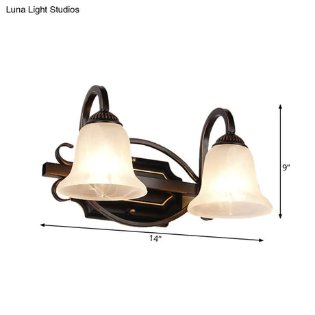 Vintage Curvy Arm Black Sconce Light Fixture For Bathroom Vanity - 2/3 Lights Milky Glass
