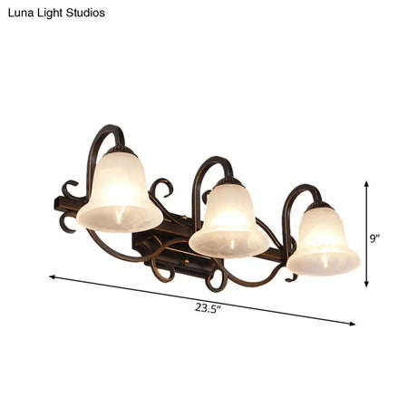 Vintage Curvy Arm Black Sconce Light Fixture For Bathroom Vanity - 2/3 Lights Milky Glass