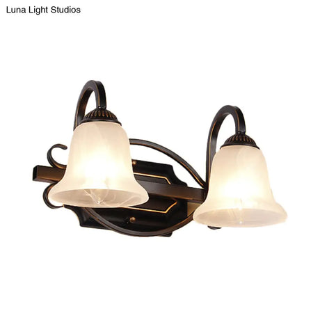Vintage Curvy Arm Black Sconce Light Fixture For Bathroom Vanity - 2/3 Lights Milky Glass