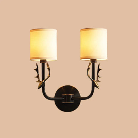 Vintage Cylindrical Fabric Wall Light With Antler Décor - Elegant Corridor Lamp 2 / Black