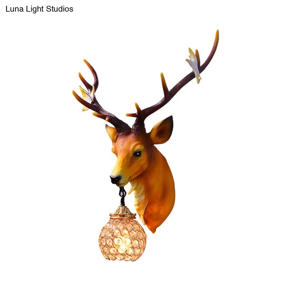 Vintage Deer Head Resin Sconce: Single Bulb Wall Mounted Lamp Blue/White/Wood Globe Crystal Shade
