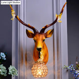 Vintage Deer Head Resin Sconce: Single Bulb Wall Mounted Lamp Blue/White/Wood Globe Crystal Shade