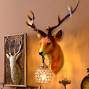 Vintage Deer Head Resin Sconce: Single Bulb Wall Mounted Lamp Blue/White/Wood Globe Crystal Shade