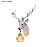 Vintage Deer Head Resin Sconce: Single Bulb Wall Mounted Lamp Blue/White/Wood Globe Crystal Shade