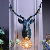Vintage Deer Head Resin Sconce: Single Bulb Wall Mounted Lamp Blue/White/Wood Globe Crystal Shade