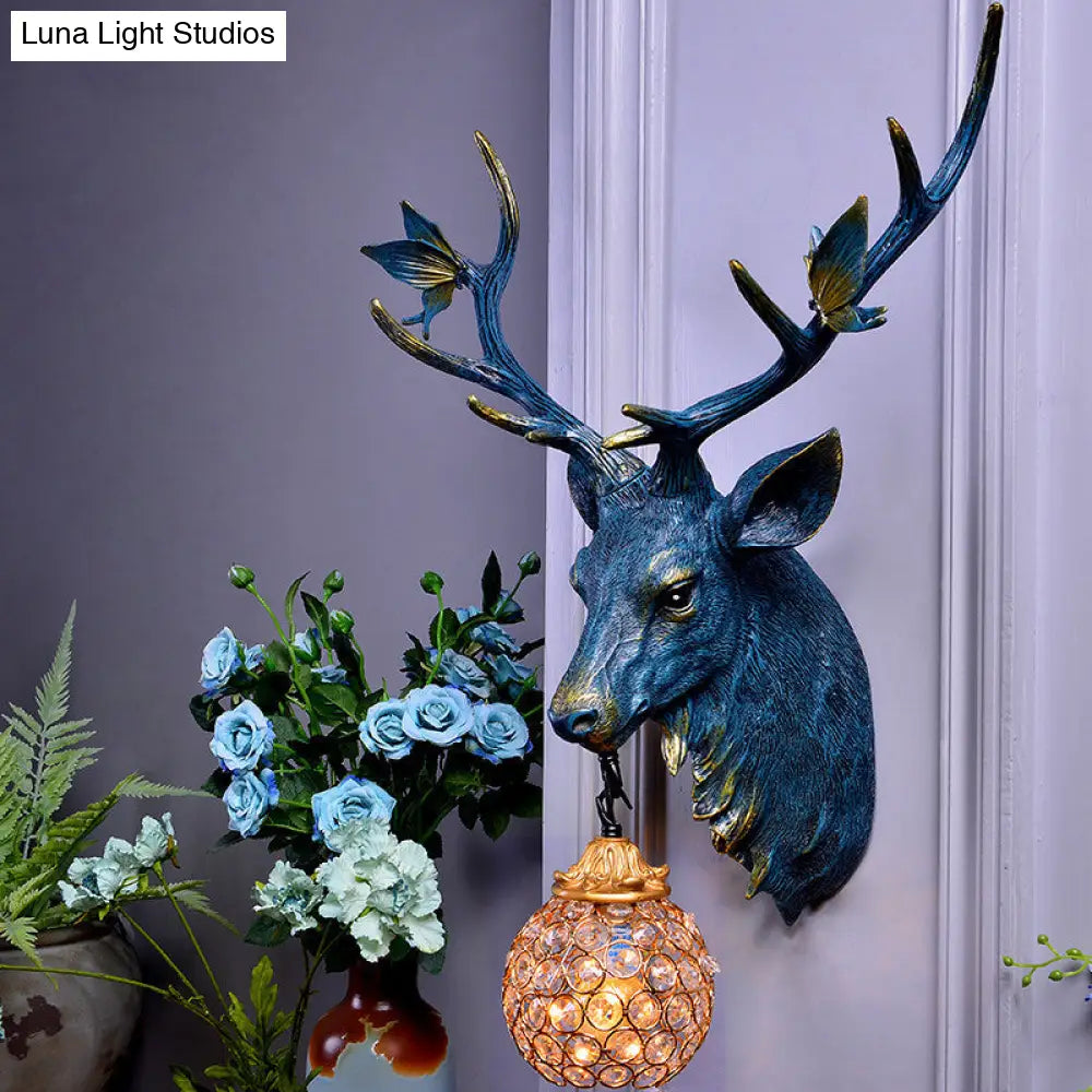 Vintage Deer Head Resin Sconce: Single Bulb Wall Mounted Lamp Blue/White/Wood Globe Crystal Shade