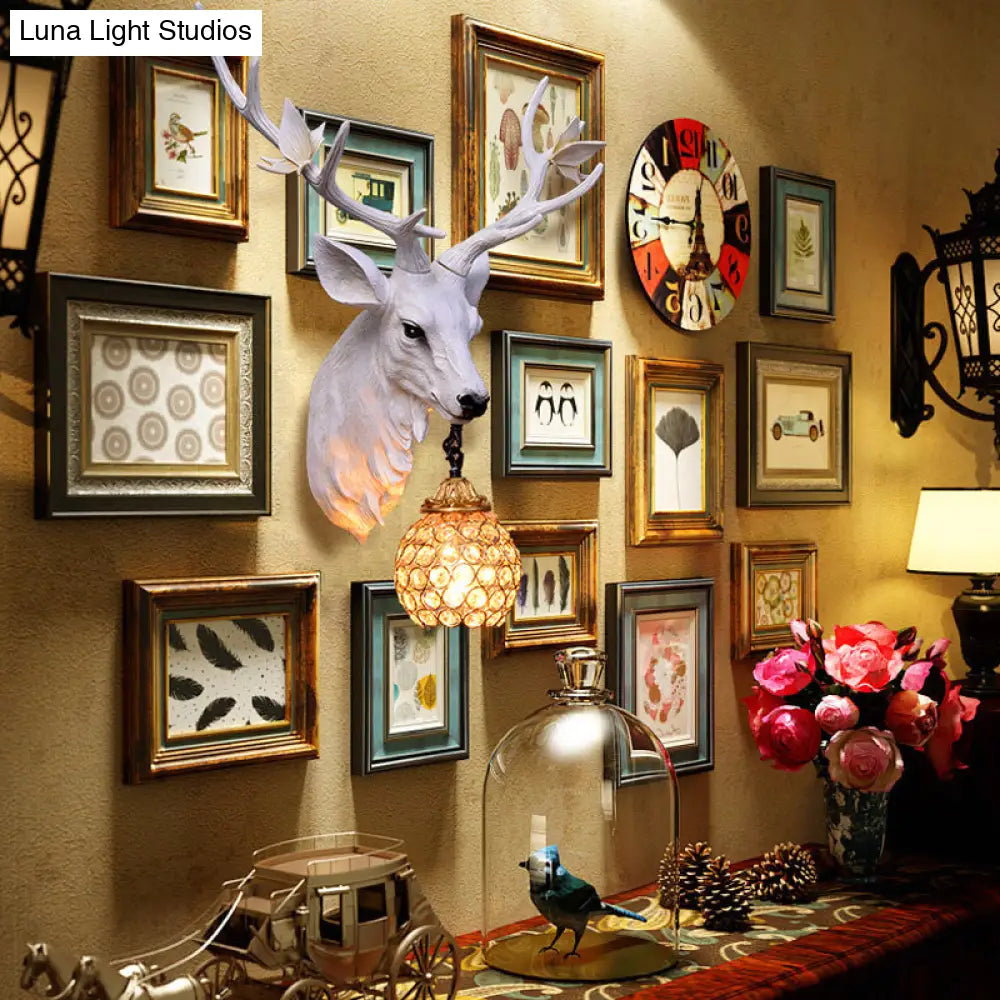 Vintage Deer Head Resin Sconce: Single Bulb Wall Mounted Lamp Blue/White/Wood Globe Crystal Shade