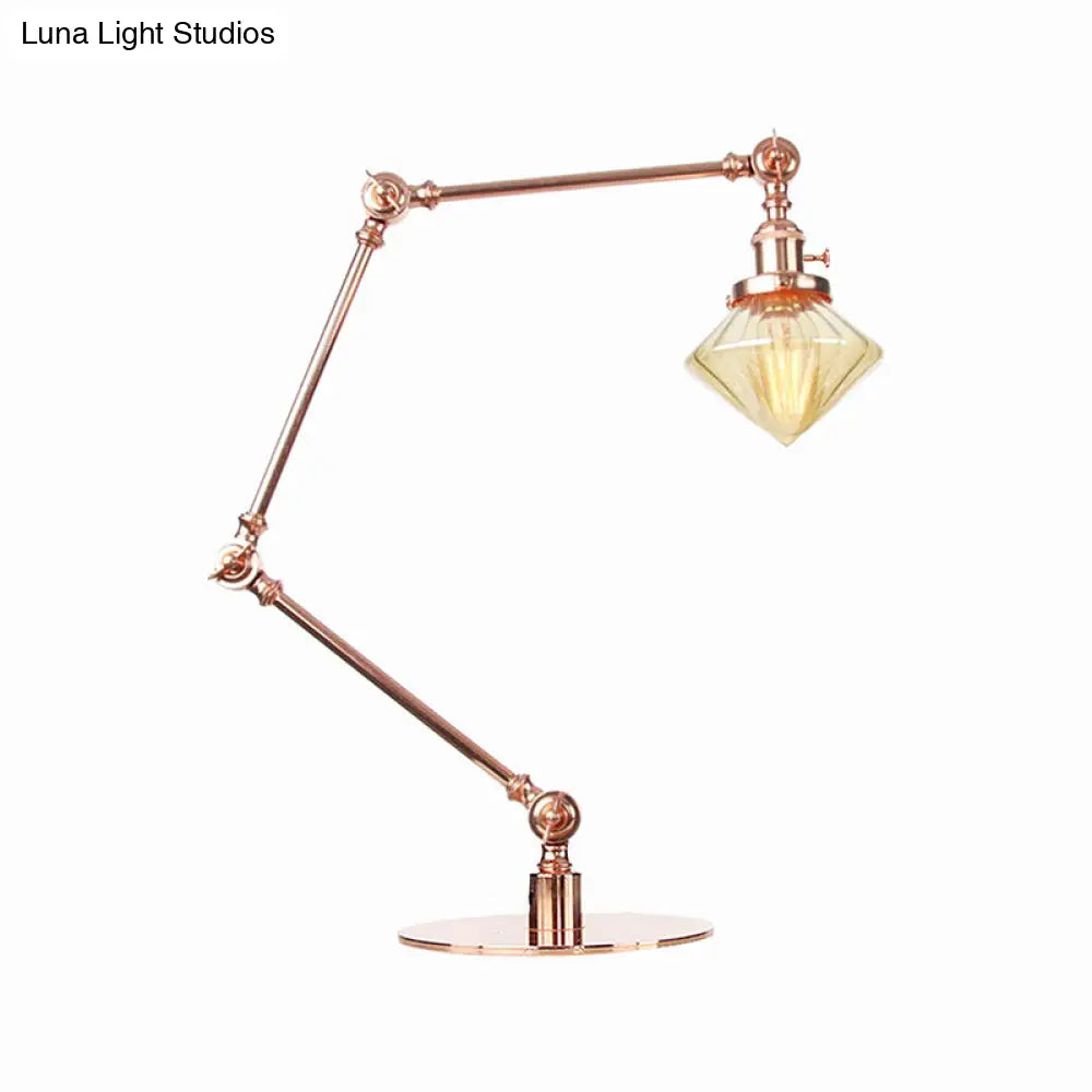 Vintage Diamond Shade Table Lamp: Amber/Clear Glass Adjustable Arm - Black/Brass