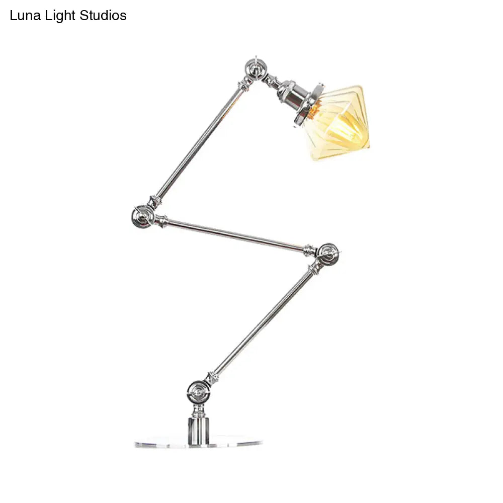 Vintage Diamond Shade Table Lamp: Amber/Clear Glass Adjustable Arm - Black/Brass