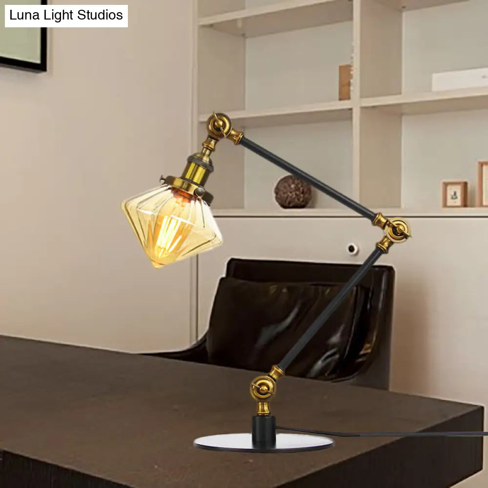 Vintage Diamond Shade Table Lamp: Amber/Clear Glass Adjustable Arm - Black/Brass