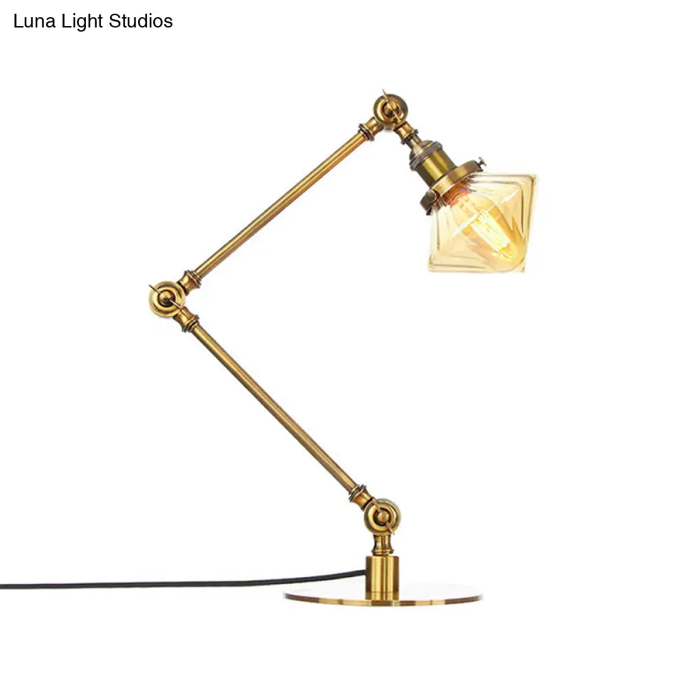 Vintage Diamond Shade Table Lamp: Amber/Clear Glass Adjustable Arm - Black/Brass