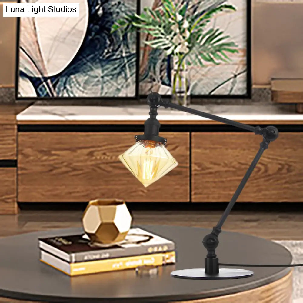 Vintage Diamond Shade Table Lamp: Amber/Clear Glass Adjustable Arm - Black/Brass