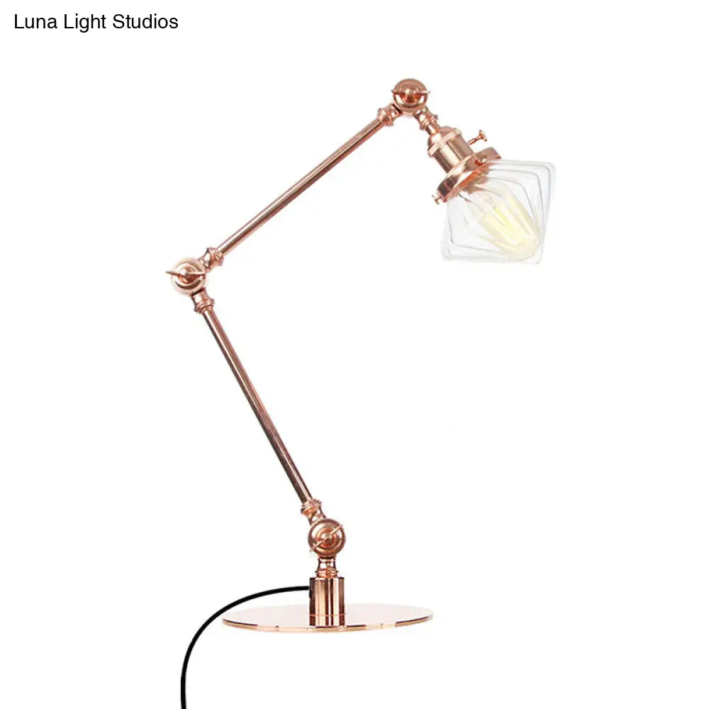 Vintage Diamond Shade Table Lamp: Amber/Clear Glass Adjustable Arm - Black/Brass
