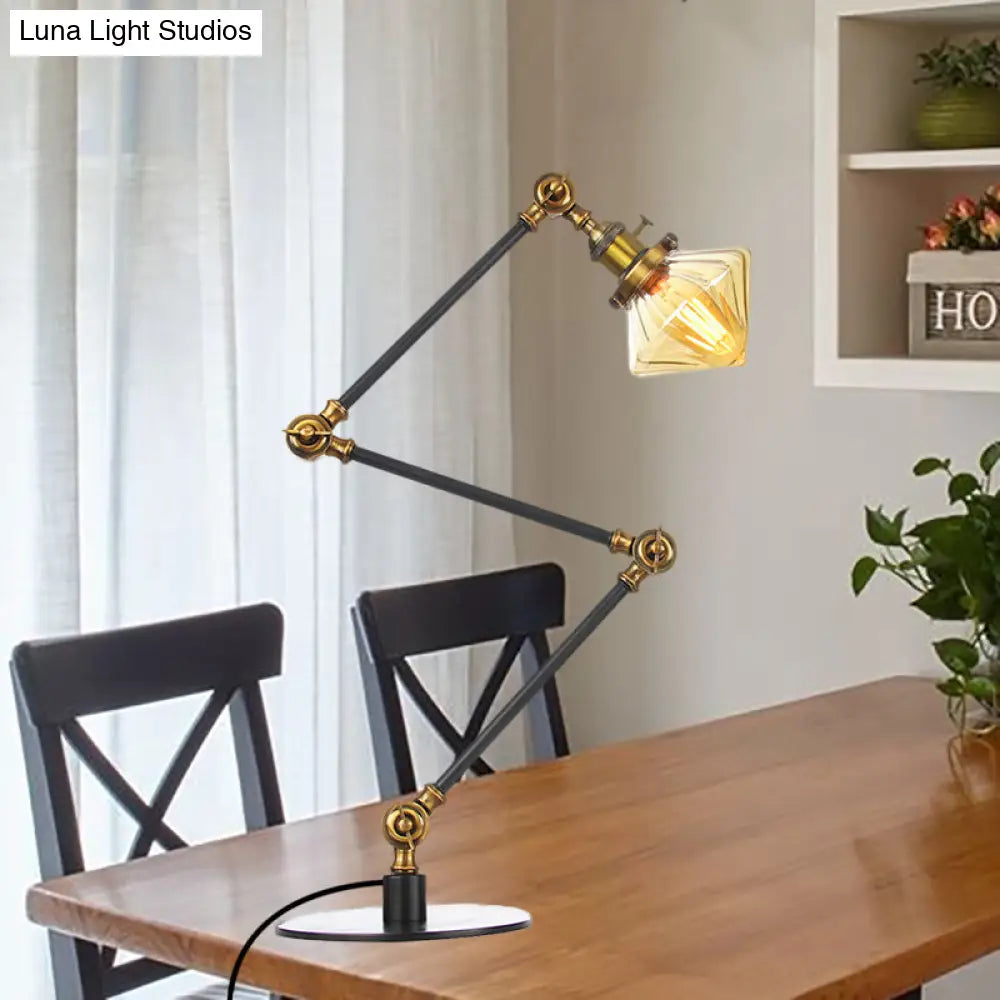 Vintage Diamond Shade Table Lamp: Amber/Clear Glass Adjustable Arm - Black/Brass