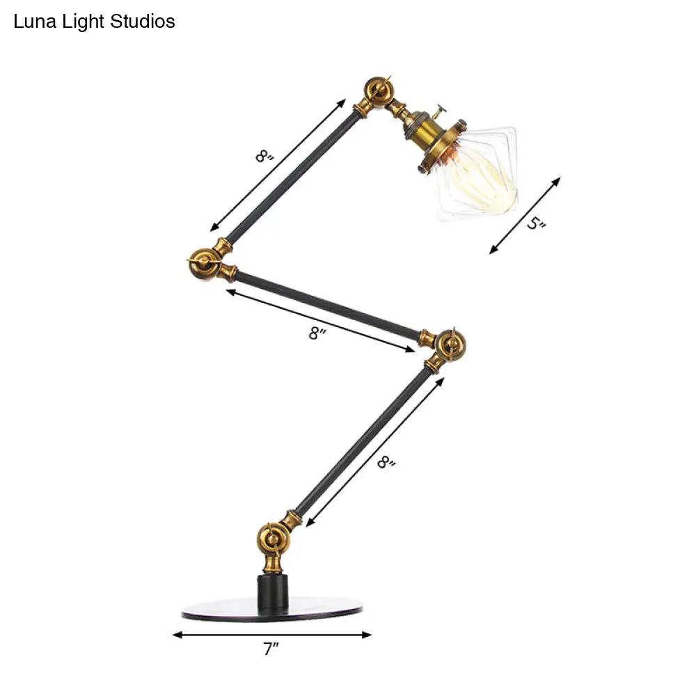 Vintage Diamond Shade Table Lamp: Amber/Clear Glass Adjustable Arm - Black/Brass