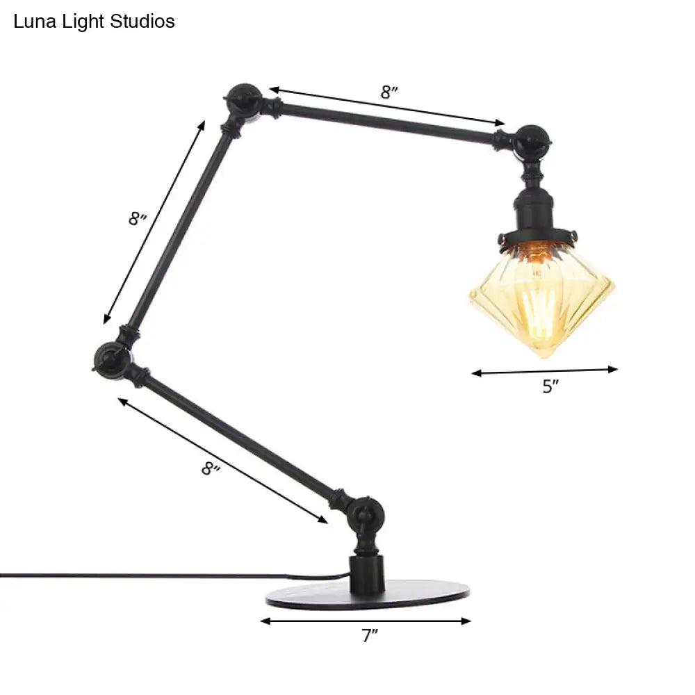 Vintage Diamond Shade Table Lamp: Amber/Clear Glass Adjustable Arm - Black/Brass