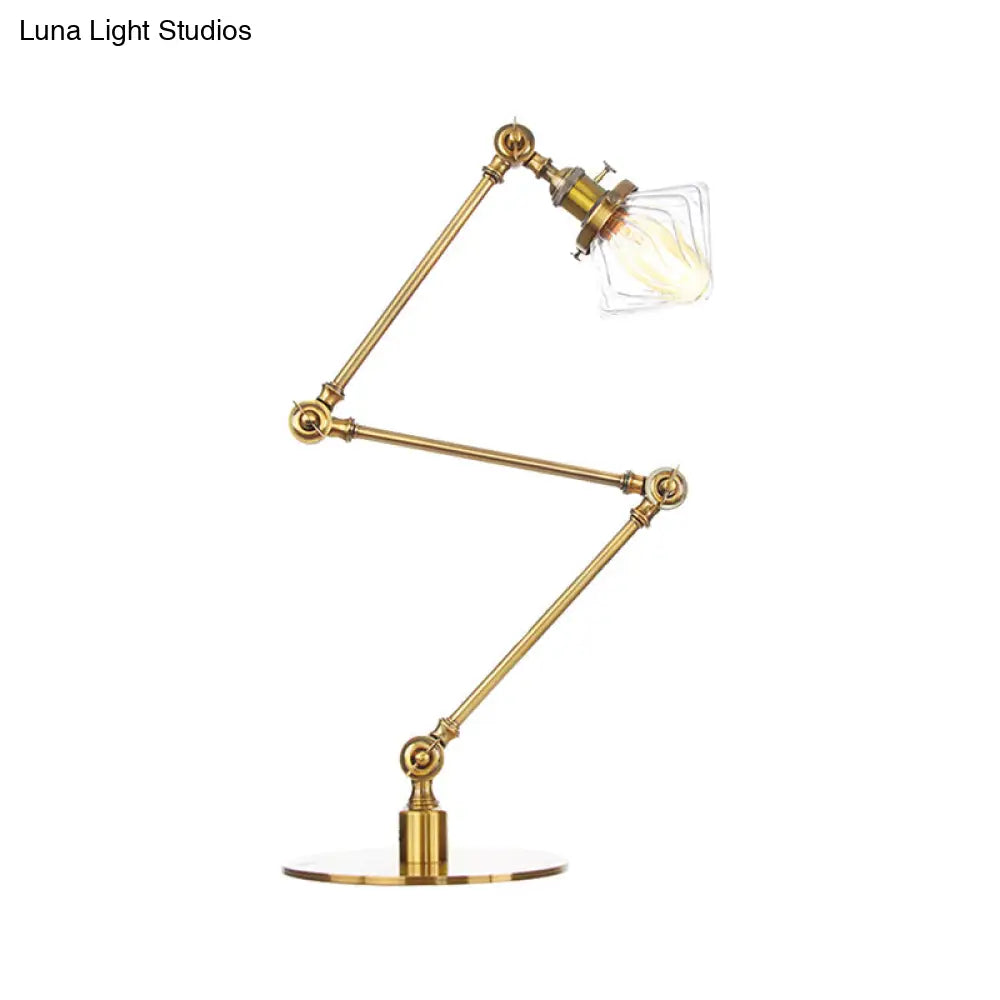 Vintage Diamond Shade Table Lamp: Amber/Clear Glass Adjustable Arm - Black/Brass